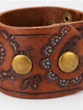 Brown Tooled Leather Western Cuff Bracelet with Turquoise Accents